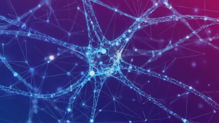 A futuristic animation of a complex neural network with glowing nodes and data pulses moving through the connections - Powered by Adobe