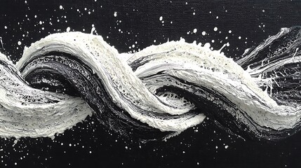 Fluid acrylic strokes layered with blot texture on a deep black background filled with raw canvas detail