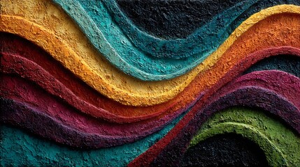 Bright painted stripes flowing in curved patterns with acrylic textures on canvas with grungy black setting