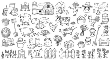 Whimsical Farm Life Doodle Art: Animals, Tools, Crops, and Buildings Sketch Collection
