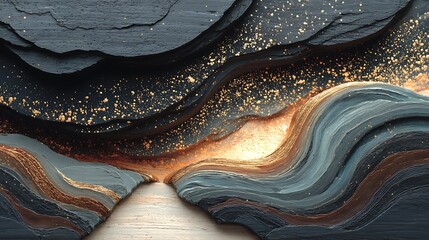Curving lines and waves created with freeform acrylic pour on thick dark wall with tactile surface