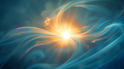 Bright, glowing blue and orange fractal design with stars, shining like a sun explosion in the abstract sky