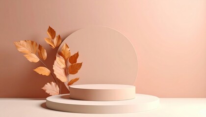 Elegant autumn display with natural leaves and circular platforms in a minimalist studio environment
