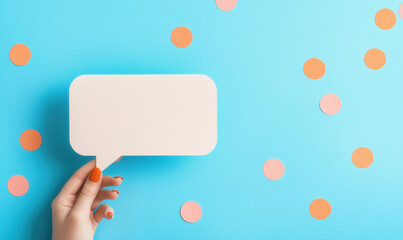 A simple design featuring a human hand raising a blank white speech bubble over a blue backdrop