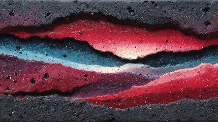 Abstract strip waves of acrylic pigment layered across scratchy black wall in a canvas grain setting