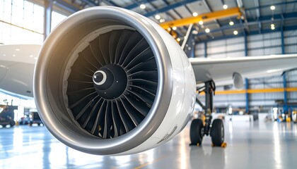 Obraz premium Close-up airplane engine in hangar