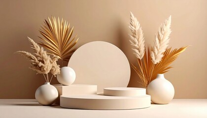 Fototapeta premium Elegant minimalist still life arrangement with natural elements soft earth tones decorative display studio setting close-up view modern aesthetic