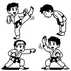 Young Martial Artist Cartoon Set Striking, Bowing, Defending in Bold Black and White