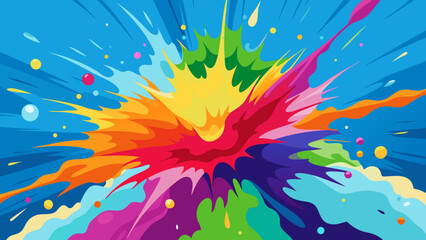 Vector art of a bright blue background is illuminated by a powerful explosion of vibrant, multicolored paint splatters