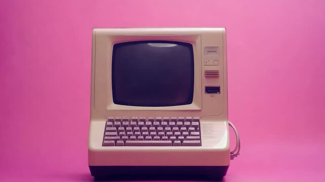 Vintage beige computer with keyboard on a pink background