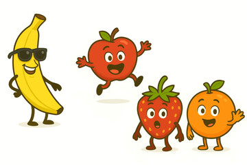 Playful Fruit Cartoon Characters Having Fun Together - Banana, Apple, Strawberry, and Orange with Emotions