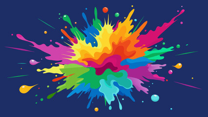 Vector art of a lively explosion of colorful paint splatters radiates outwards, creating an energetic and abstract visual on a dark blue background