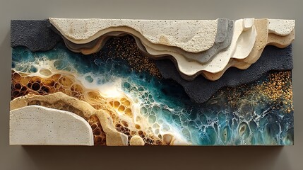 Raw textured art with poured acrylic forms in line waves and blot segments over dark neutral tone wall