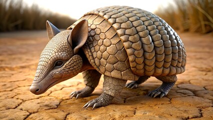 Armadillo exploring arid terrain under warm sunlight during midday in a natural habitat
