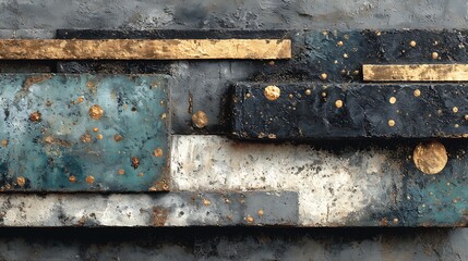 Mixed media abstract using thick acrylic lines over black relief surface with visible grunge patterns