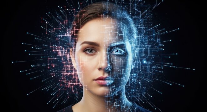 Womans face split between human and digital network