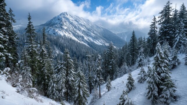 Majestic snow covered mountain peak illuminated by dramatic clouds and dense evergreen forest