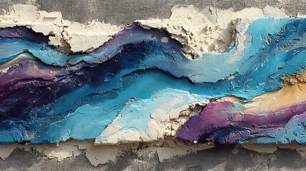 Freeform acrylic strips painted on a deep grunge wall with wave dynamics and rough fabric backdrop