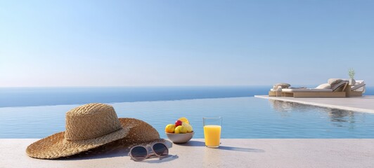 The stunning infinity pool view with sunhat and refreshments by the water.