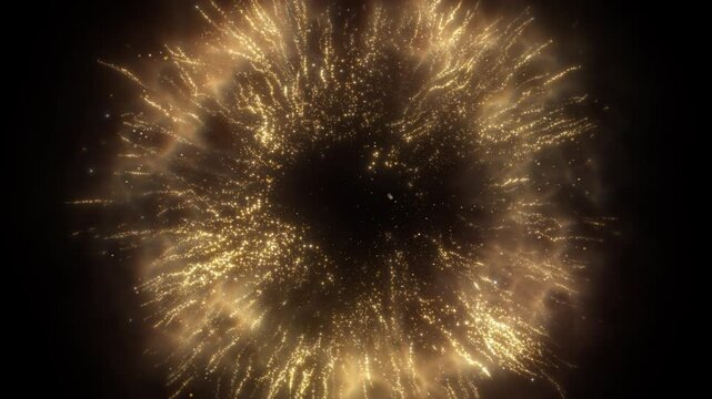 4K Golden Glitter Particle Explosion Abstract Light Burst Background Animation Video. Gold particles isolated on black. Trend effect for motion design, overlays, intros, or festive visuals. - Powered by Adobe