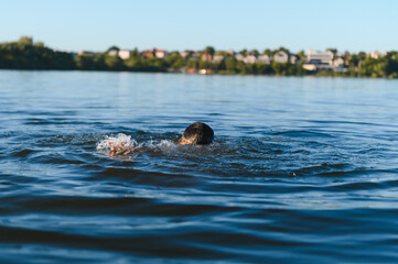 Man drowning in a lake during summer day