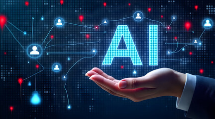 Human hand presenting the glowing ai logo surrounded by a network of connected people icons and data points on a digital background