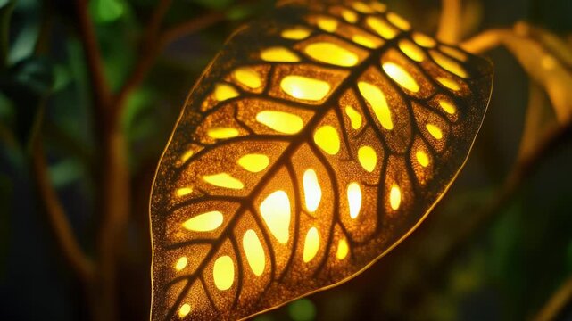 Close-up shot of a leaf with a light source shining on it, suitable for use in illustrations or designs focusing on nature and lighting