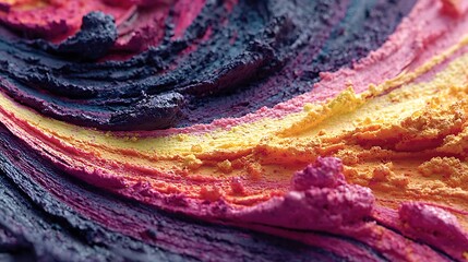 Flowing paint forms in neon tones curving over grainy canvas relief with intense contrast background