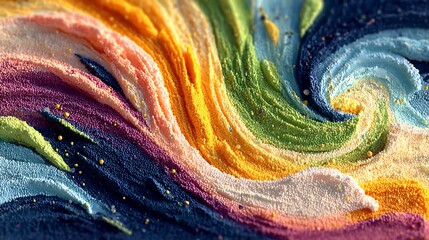Flowing paint forms in neon tones curving over grainy canvas relief with intense contrast background
