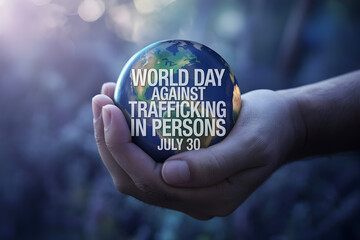 Human hand holding earth globe with text for World Day Against Trafficking in Persons observed every July thirtieth.
