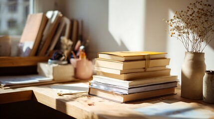 Organized workspace with academic journals and stylish stationary under natural sunlight .