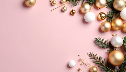 Fototapeta premium Elegant christmas ornaments on pink background holiday decoration scene festive atmosphere close-up view merry concept