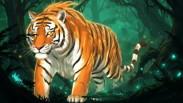 A magical fantasy painting of a radiant tiger spirit with luminescent orange and white patterns