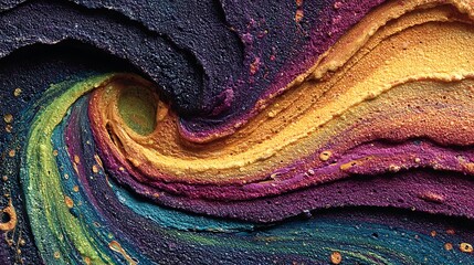 Electric color pour lines and hand drawn blot textures swirling on rough black painting wall