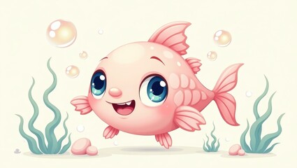 Fototapeta premium Cute pink fish swimming among bubbles and seaweed.