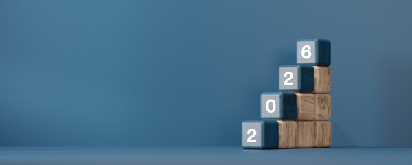 Wooden cubes forming year into 2026. Concept of New Year goals, planning, transition, and business success.