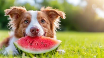 Happy dog enjoying a delicious piece of watermelon in a sunny backyard full of grass