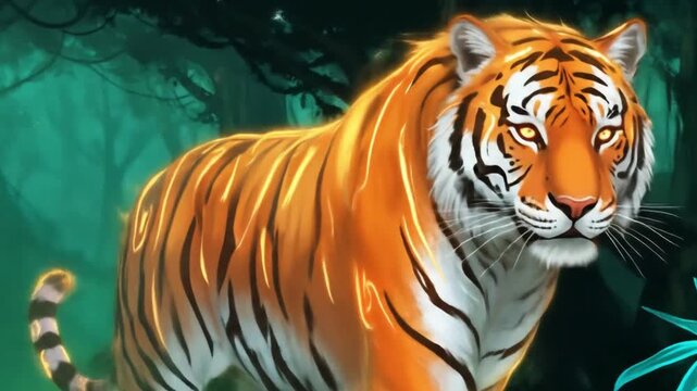 A glowing ethereal tiger spirit with orange and white light patterns floats in a fantasy environment