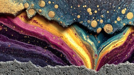 Striped acrylic pour patterns layered on grunge wall with high texture and bold color impact