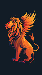 Fiery, winged lion illustration in vibrant orange and dark background.
