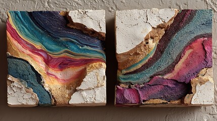 Striped acrylic pour patterns layered on grunge wall with high texture and bold color impact