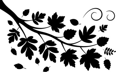 Falling Leaves Tree Silhouette – Black and White Vector Illustration

