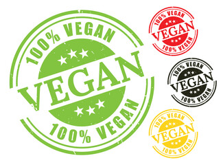 100% Vegan Stamp Vector Set, Grunge Style Plant-Based Label Pack  
