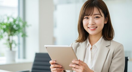 Obraz premium Photo of smiling asian businesswoman holding a tablet in a modern office