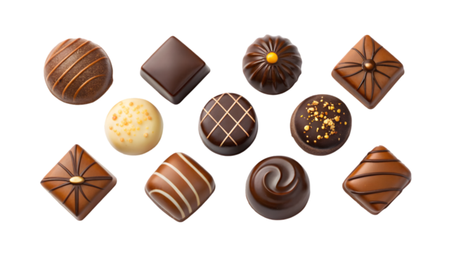 collection of ten assorted chocolate pralines with various shapes textures and decorations isolated on a white background. isolated on white background 64099746 1
