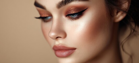 Fototapeta premium The stunning close-up of a woman showcasing flawless makeup and radiant skin.