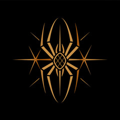 Fototapeta premium Stylized golden spider illustration with symmetrical design on a black background, featuring geometric shapes and radiating lines.