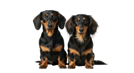 Two adorable dachshunds with sleek black and tan fur sit attentively against a clean black backdrop, perfect for pet-related designs, transparent background