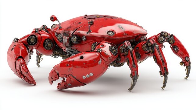 Red robotic crab on white background