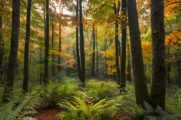 Obraz premium Beautiful autumn forest scene with trees and lush ferns, sunlight filtering through foliage, a tranquil woodland landscape.